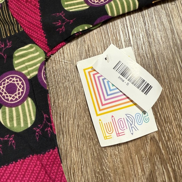 NWT Lularoe Irma Hi Lo Tunic Blouse Black pink green geometric stripes sz:S - Picture 2 of 4